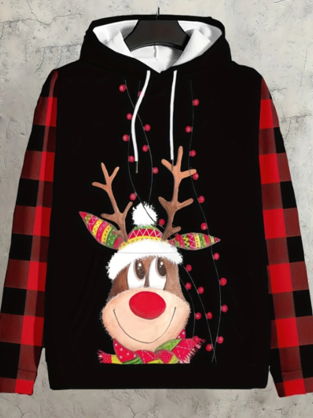 Festive 3D Reindeer Graphic printHoodie featuring Buffalo Plaid Sleeves 6X